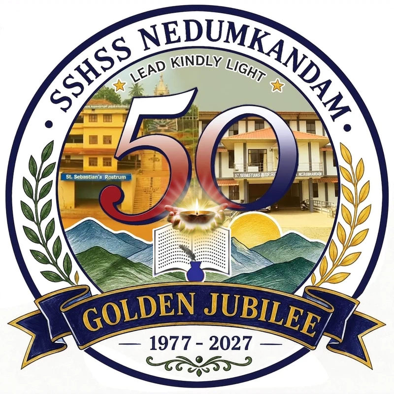 Golden Jubilee emblem of SSHSS Nedumkandam: the 50, a lamp, an open book and the hills of Idukki, with the motto Lead Kindly Light